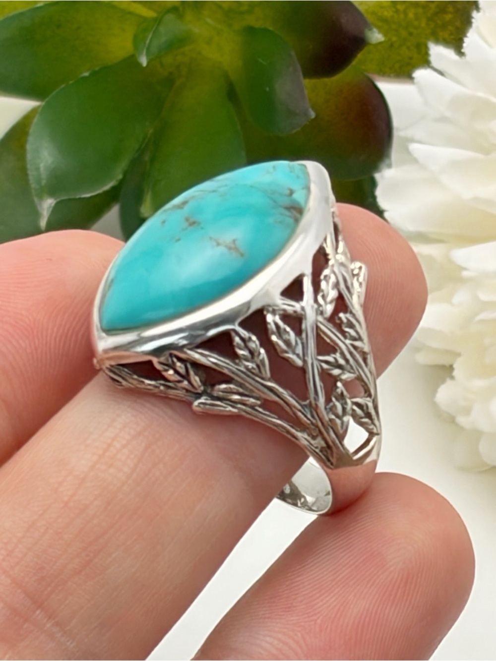 Vintage Sterling Silver 925 Marquise Turquoise Chunky Ring Size 9 Nice Condition - Picture 6 of 9